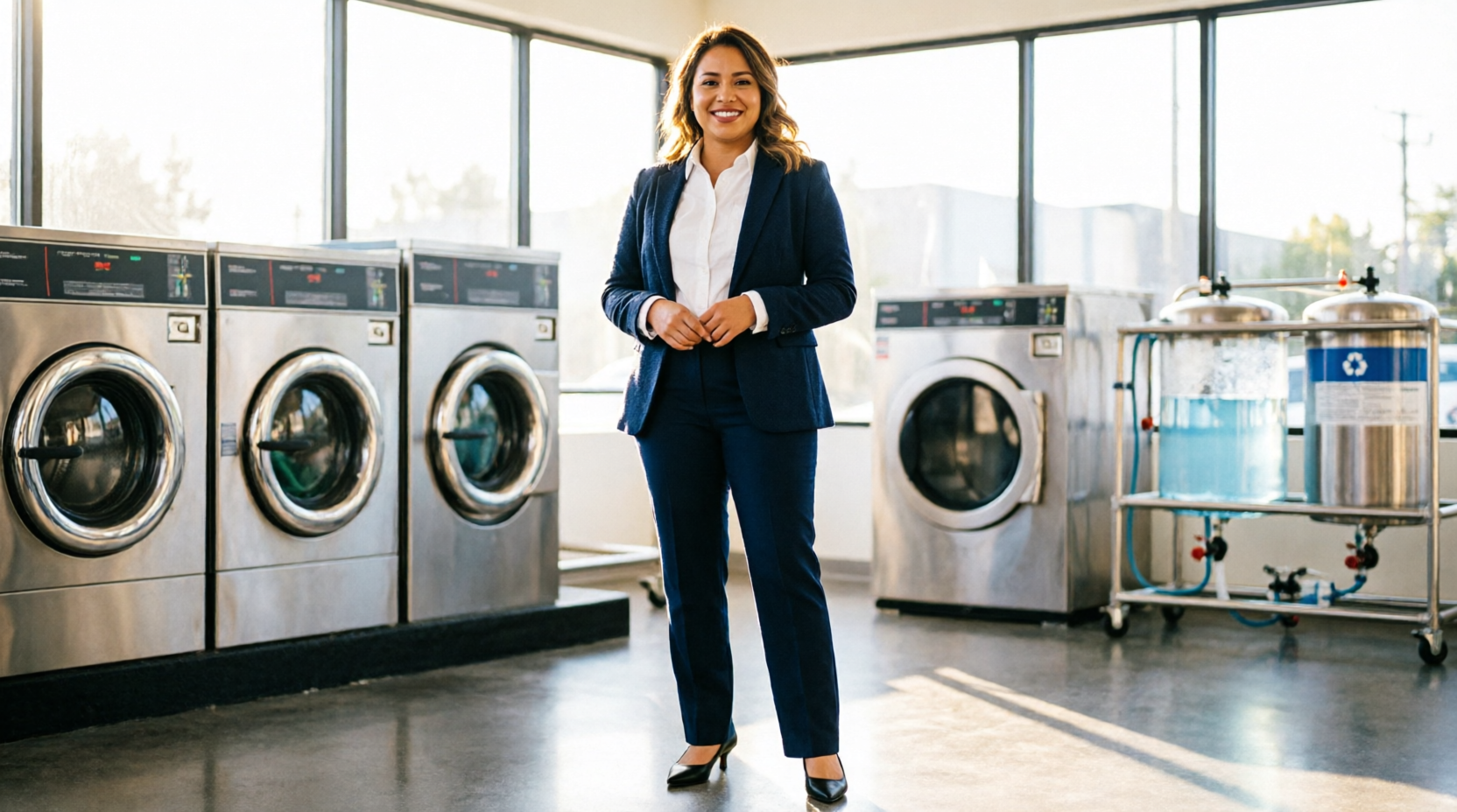 Alejandra Palma Lasprilla, Founder of LaundryPalmas Corp, standing in modern eco-friendly laundry facility in Tampa, Florida